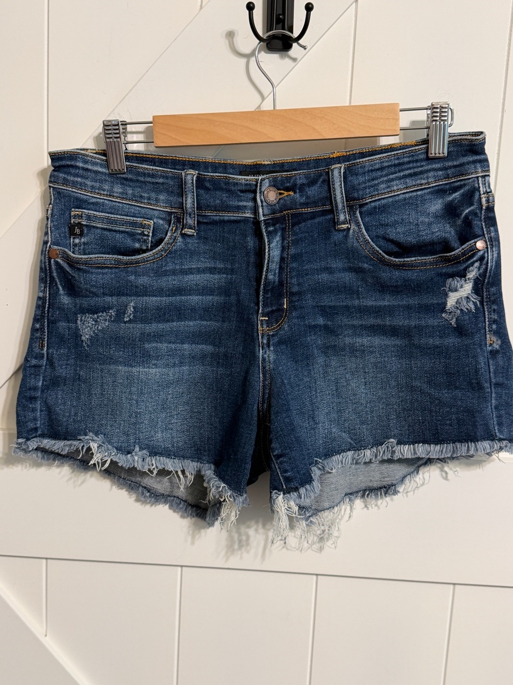 Judy Blue Dark Blue Distressed Frayed Hem Jean Shorts